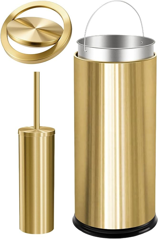 Maxdot 2 Pcs 8 Gallon/30 L Gold Bathroom Trash Can with Flip Lid and Toilet Brush Set, Large Luxu... | Amazon (US)