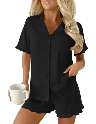 Ekouaer Pajamas Set for Women Button Down Pjs Lounge Sets Ruffle Short Sleeve Sleepwear Cute Loun... | Amazon (US)