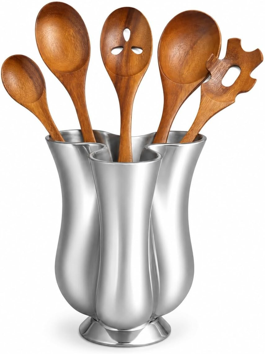 nambe Tulip Tool Jug with 5 Piece Kitchen Tool Set | Utensil Holder for Countertop with Assorted Kitchen Utensils | Made from Nambe Alloy and Acacia Wood | Amazon (US)