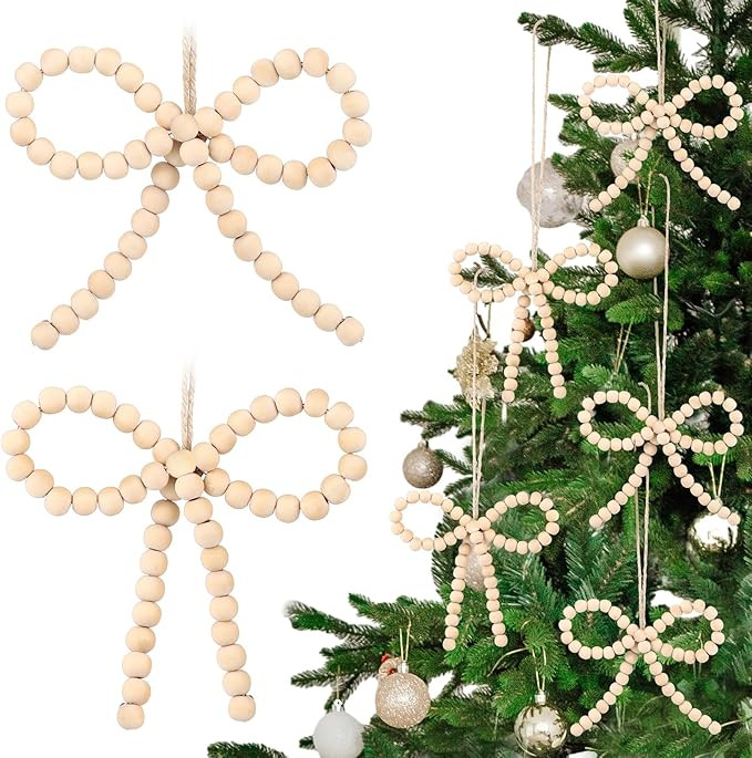 12 Pcs Wooden Christmas Tree Ornaments Wood DIY Beads Bow Ornament Rustic Boho Natural Bead Hangi... | Amazon (US)