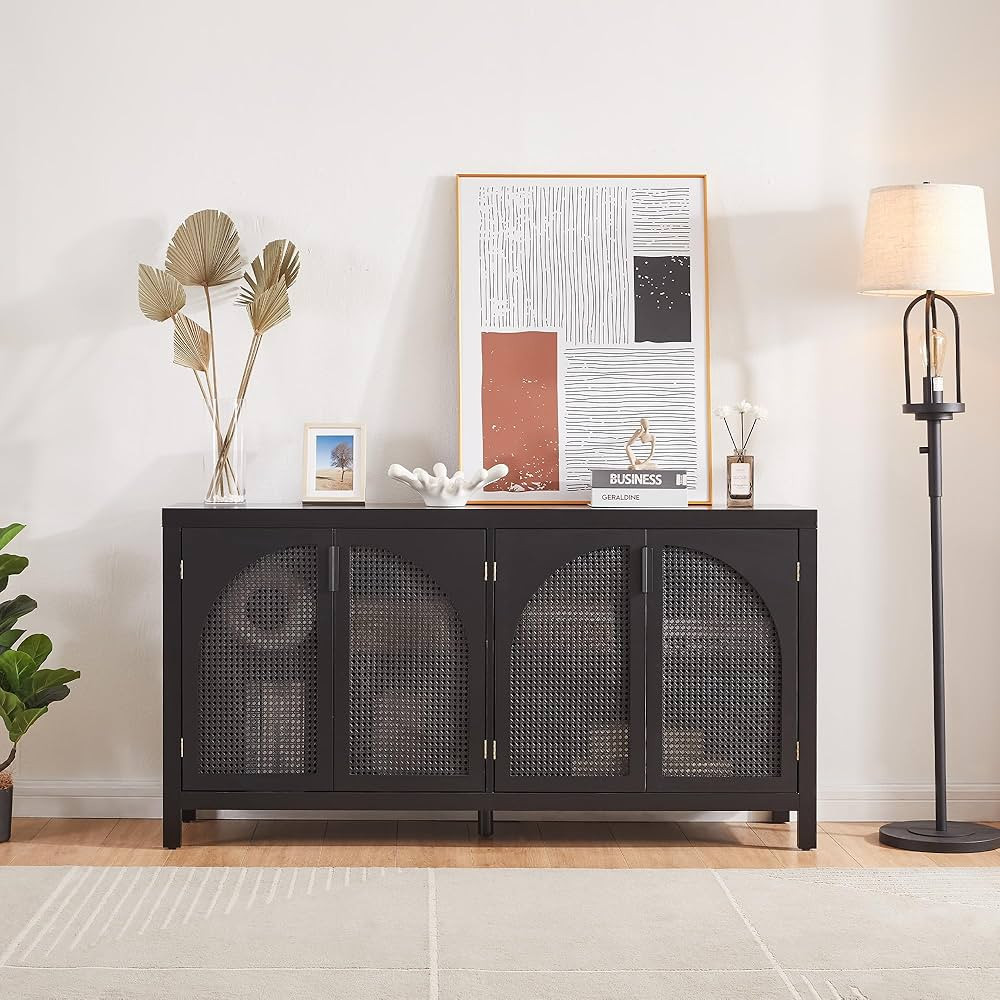 Black Buffet Sideboard Cabinet with Storage, Kitchen Rattan Storage Cabinet with 4 Arched Doors, ... | Amazon (US)