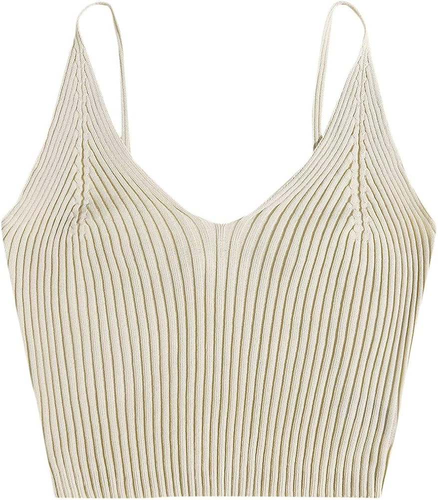 SweatyRocks Women's V Neck Crop Cami Top Ribbed Knit Spaghetti Strap Sleeveless Vest | Amazon (CA)