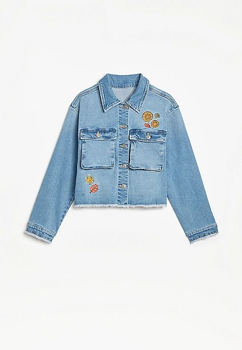 Girls Frayed Leaf Embroidered Denim Jacket | Maurices