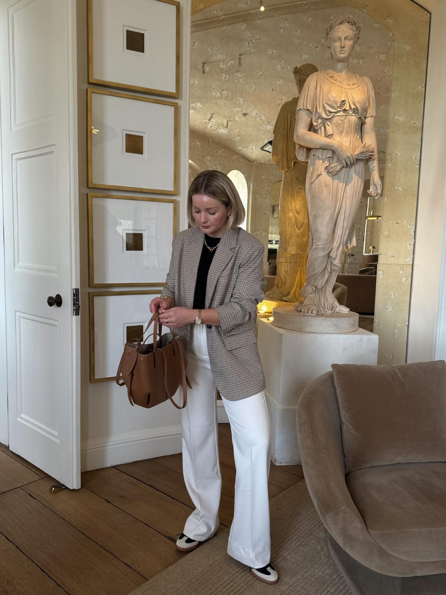 Spring Summer Style, Outfit Inspiration, Check Blazer, White Tailored Trousers, Wardrobe Staples, Black T-Shirt 

#LTKSeasonal #LTKeurope #LTKstyletip