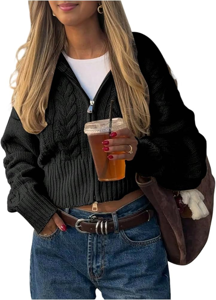 GORGLITTER Women's Cable Knit Cropped Zip Up Sweater Y2k Oversized Long Sleeve Vintage Fall Cozy ... | Amazon (US)