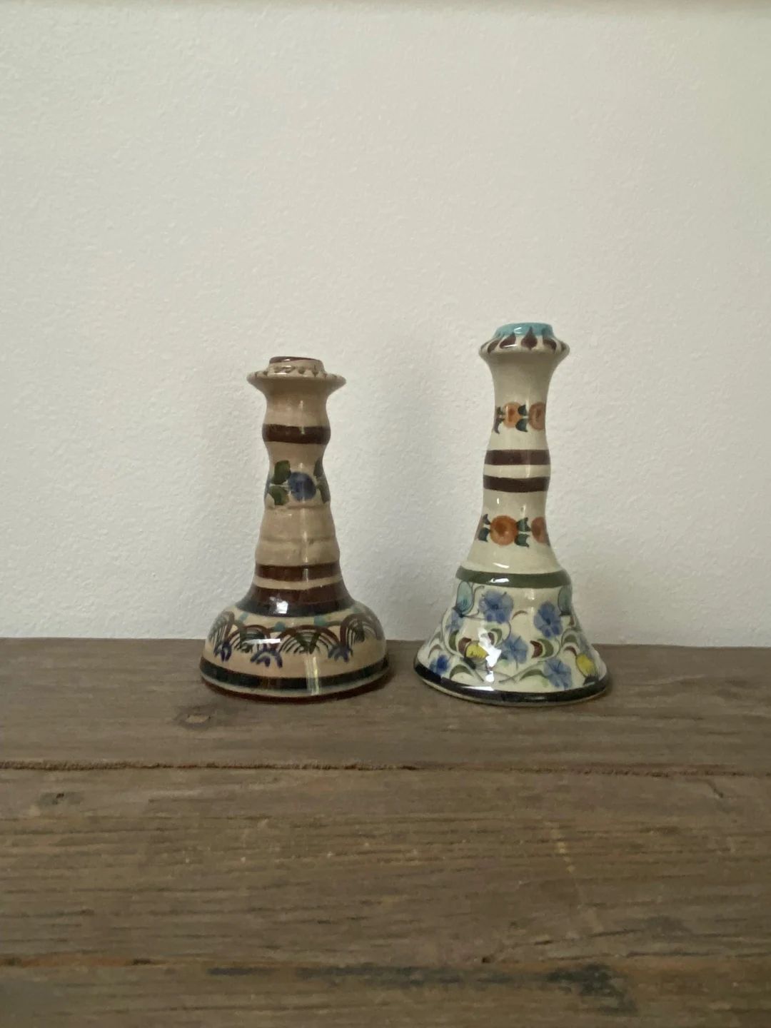 Pair vintage mismatched Mexican pottery taper candlestick holders, hand painted | Etsy (US)