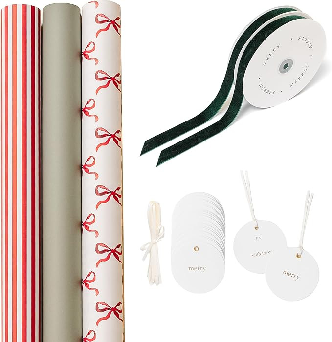 Merry Market Christmas Wrap Bundle: Bows Wrapping Paper + Letterpress Gift Tags + Green Velvet Ri... | Amazon (US)