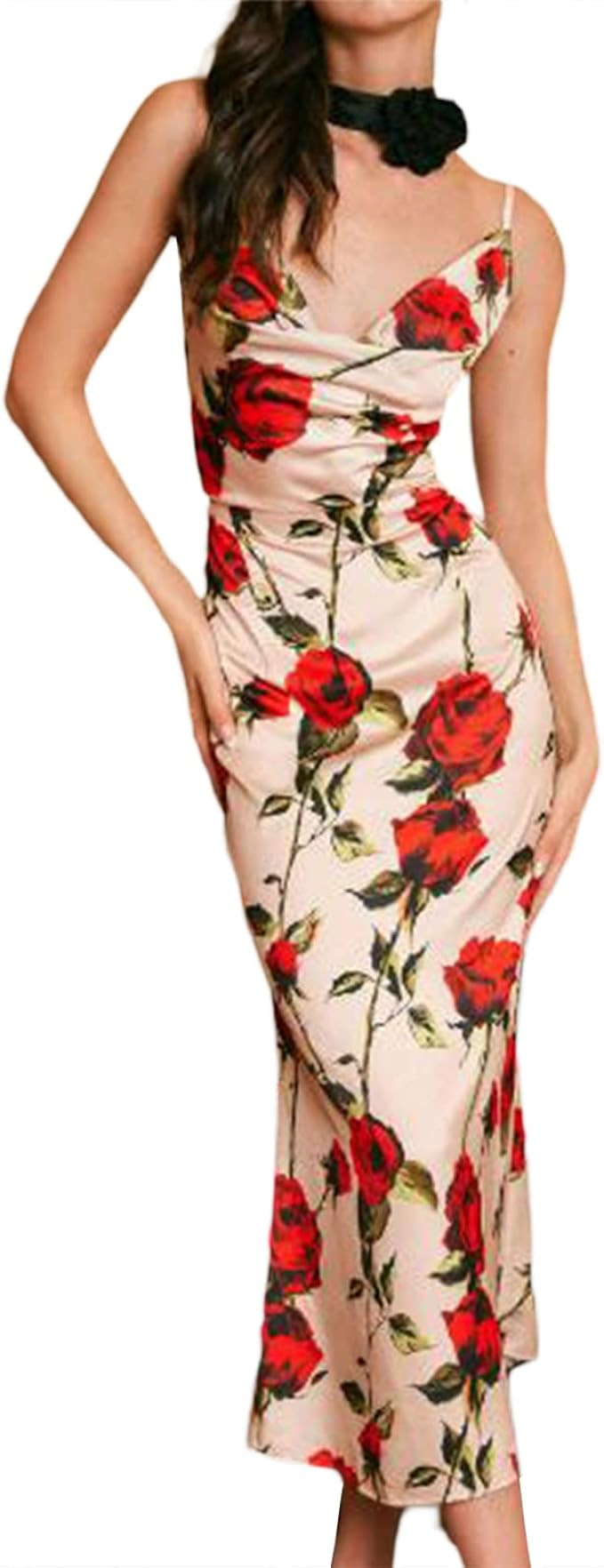 Women Maxi Dress Sexy Split Floral Long Dress Cutout Backless Bodycon Dresses Spaghetti Strap Eve... | Amazon (US)