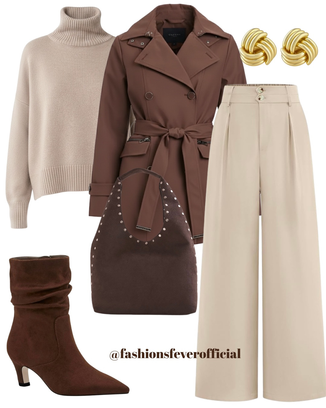 Winter Outfit Ideas! Classic neutrals done right! A chic winter outfit featuring a tailored brown belted jacket layered over a cozy beige turtleneck, paired with wide-leg cream trousers for an effortlessly elegant look. Finished with brown heeled ankle boots, a suede studded shoulder bag, and gold statement earrings, perfect for city strolls, workdays, or elevated casual outings all winter long.

#LTKFashion #LTKStyletip #winteroutfits #winteroutfitideas

#LTKSeasonal #LTKootd