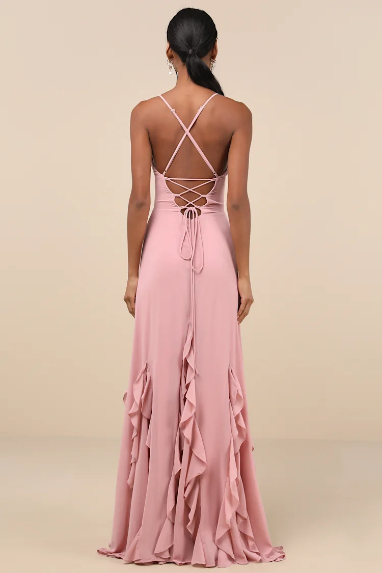 Priela Pink Ruffled Lace-Up Maxi Dress | Lulus