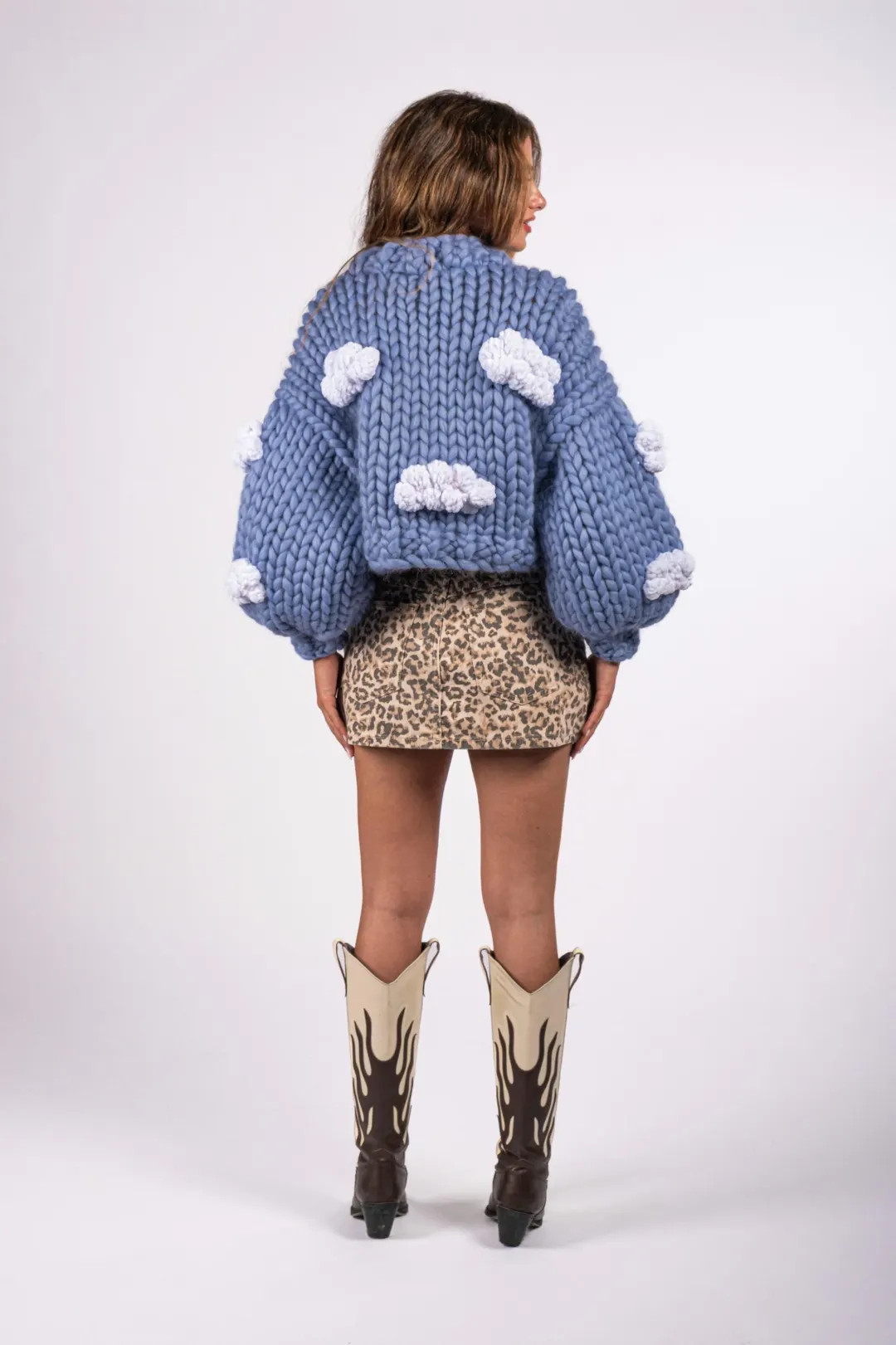 Cloud Hand-Knitted Cardigan, 100% Merino Wool, Blue Knit Cardigan with 3D Crochet Clouds, Warm Ha... | Etsy (US)