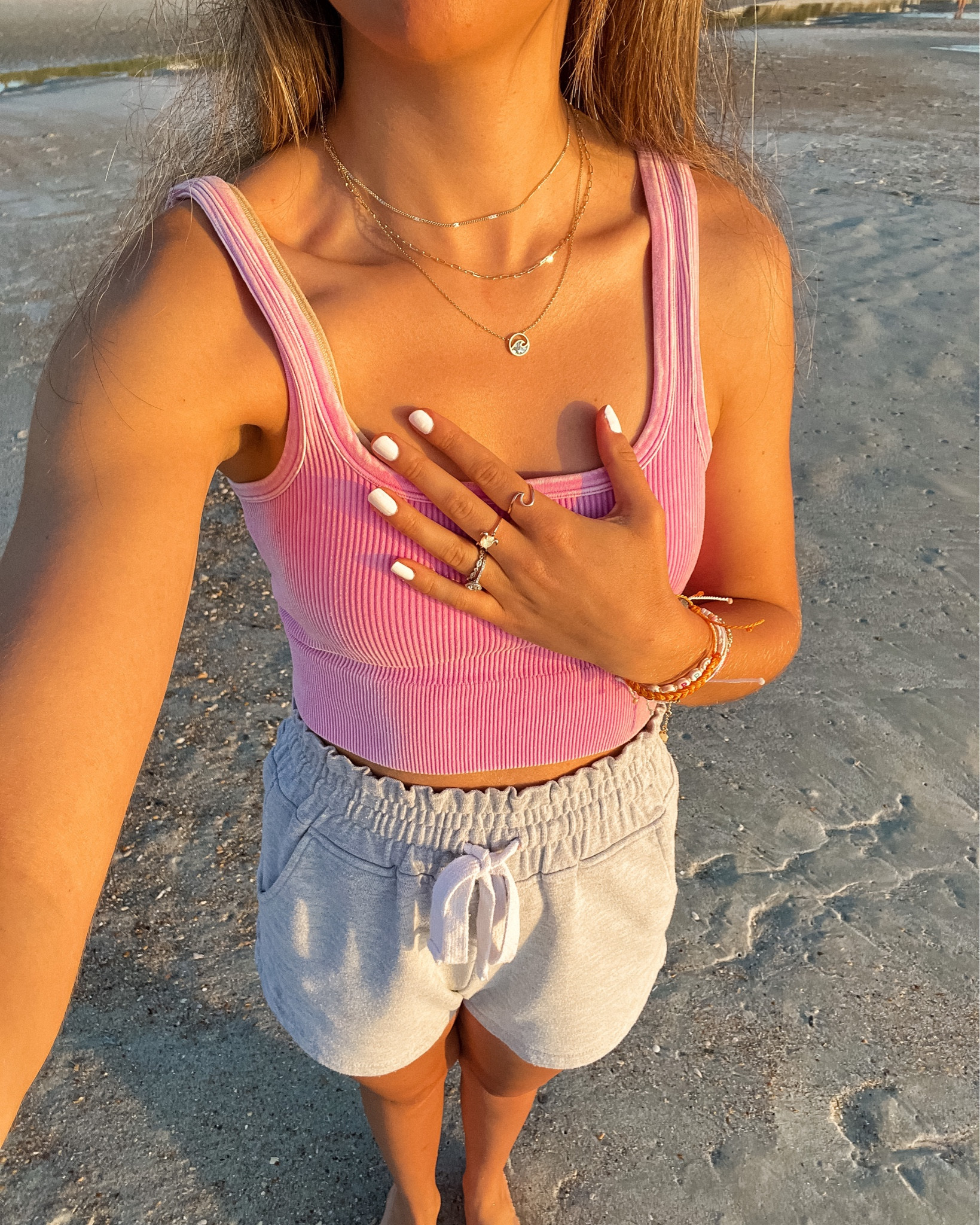 Sunrise on the Beach Summer Outfit; Cozy Cropped Tank Top, Pura Vida Necklace Rings and Bracelets, Cozy Shorts, Amazon, Abercrombie 

#LTKstyletip