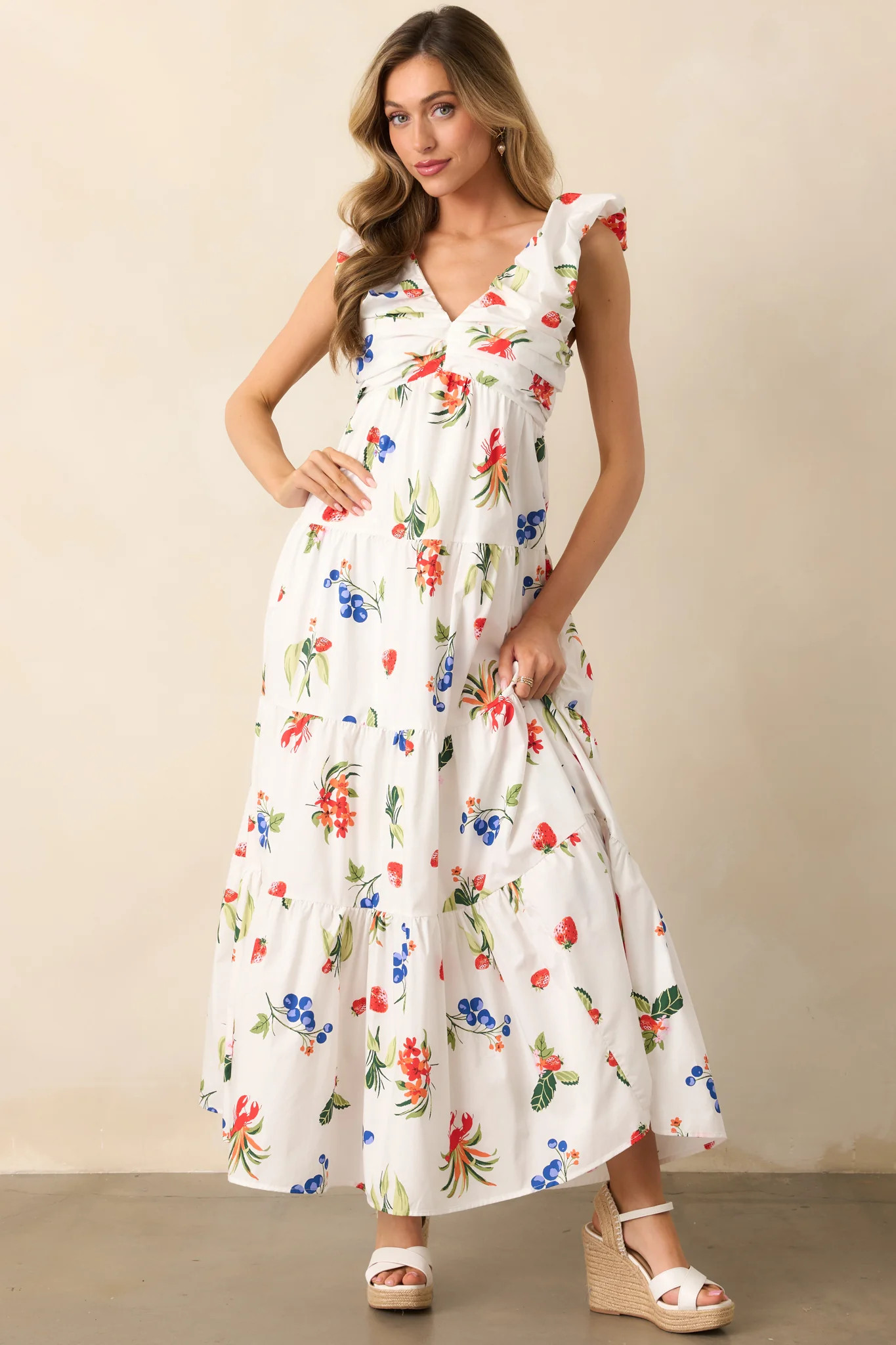 In The Breeze White Cotton Coastal Print Maxi Dress | Red Dress