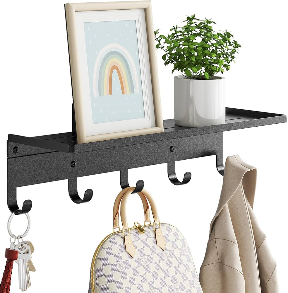 Wall Shelf with Hooks, Metal Coat Rack Wall Mounted with 5 Hooks, 17 Inch Length Entryway Coat Ha... | Amazon (US)