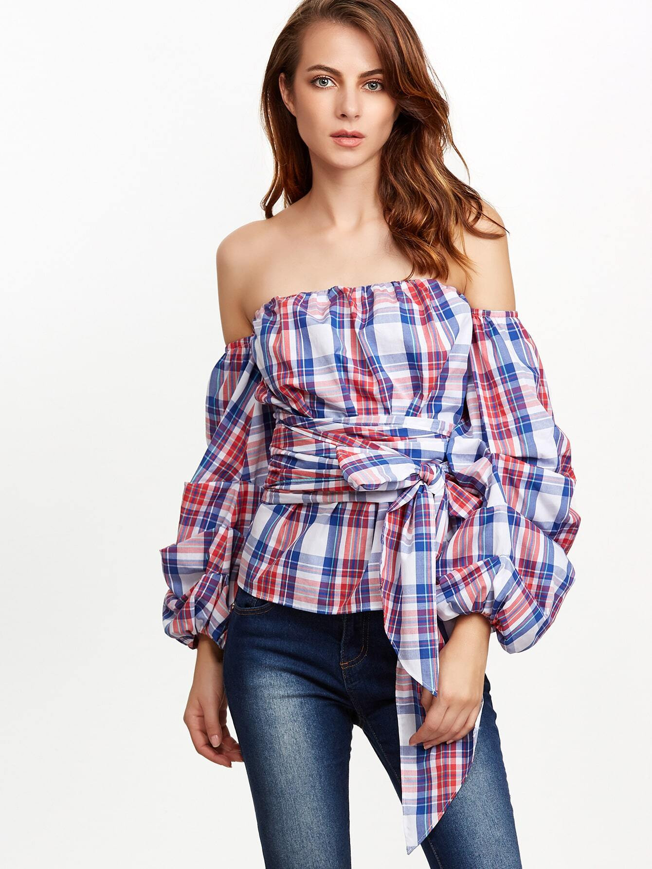 Multicolor Plaid Billow Sleeve Off The Shoulder Wrap Top | ROMWE