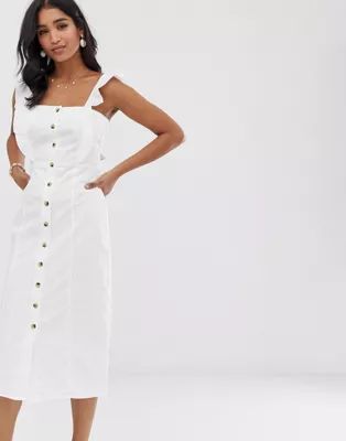 Warehouse button front midi dress with frill detail in white | ASOS US