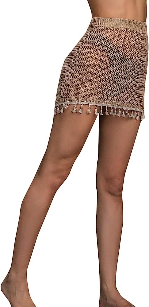 MakeMeChic Women's Tassel Knit High Elastic Waist Mini Cover Up Skirt for Swimwear | Amazon (US)