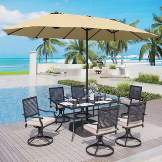 8-Piece Metal Patio Outdoor Dining Set with Bull's Eye Pattern Swivel Chairs with Beige Cushions and Beige Umbrella | The Home Depot