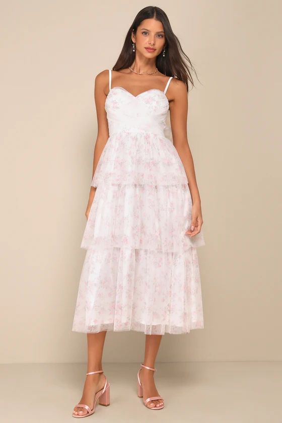Romantic Babe White Floral Mesh Sleeveless Midi Dress | Lulus