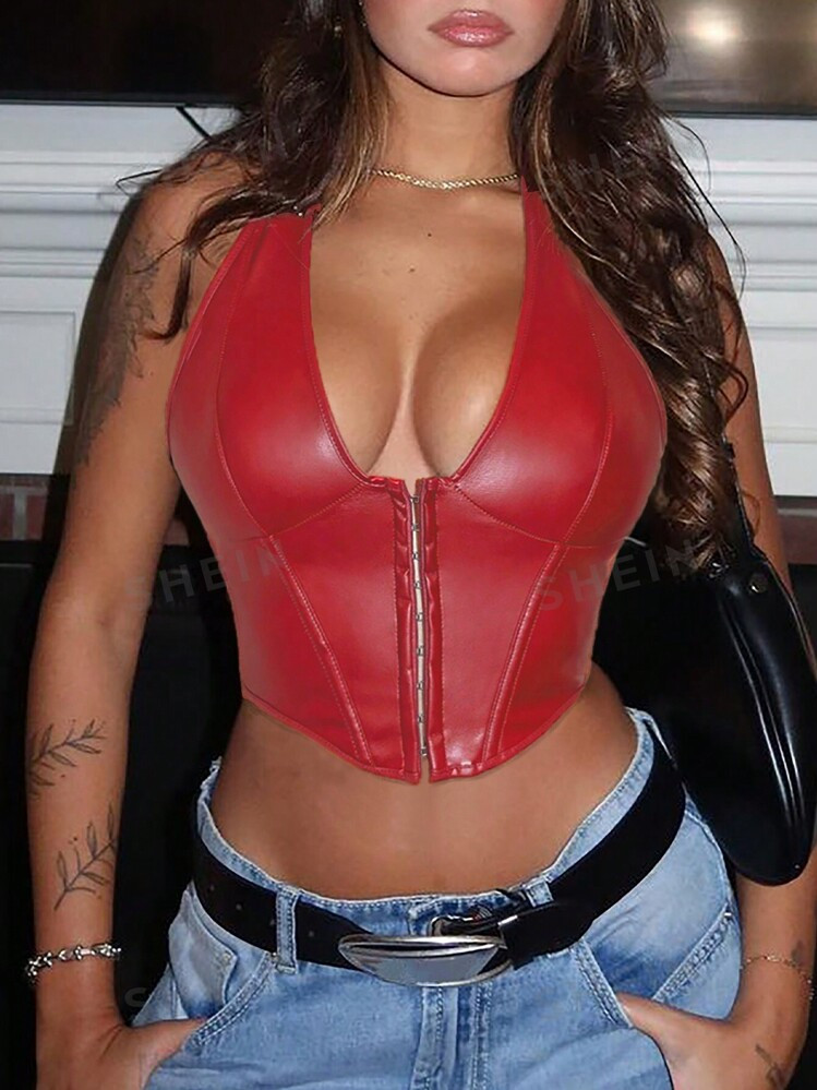 Apperloth A Punk Y2K V-Neck Grommet Eyelet Front Lace Up Back Backless PU Leather Halter Corset S... | SHEIN