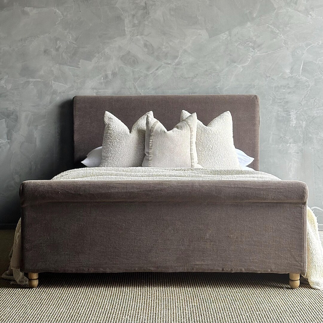 Slip Covered King Size Bed in Brown Stone Washed Linen - Etsy | Etsy (US)