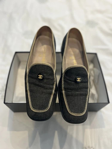 Chanel Denim and Beige leather CC Logo Slip on Loafers Size 38 | eBay UK