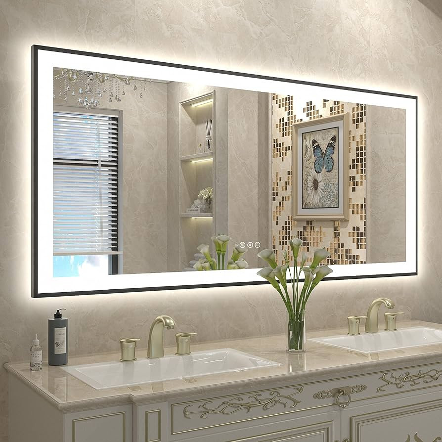 CHARMOR 60x28 LED Mirror for Bathroom, Large Framed Lighted Mirror for Wall, Dimmable, Anti-Fog (... | Amazon (US)