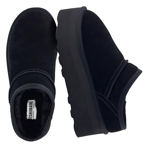 CUSHIONAIRE Women's Huggy Genuine Suede cozy mule Platform +Memory Foam, Wide Widths Available, Black 8.5 W | Amazon (US)