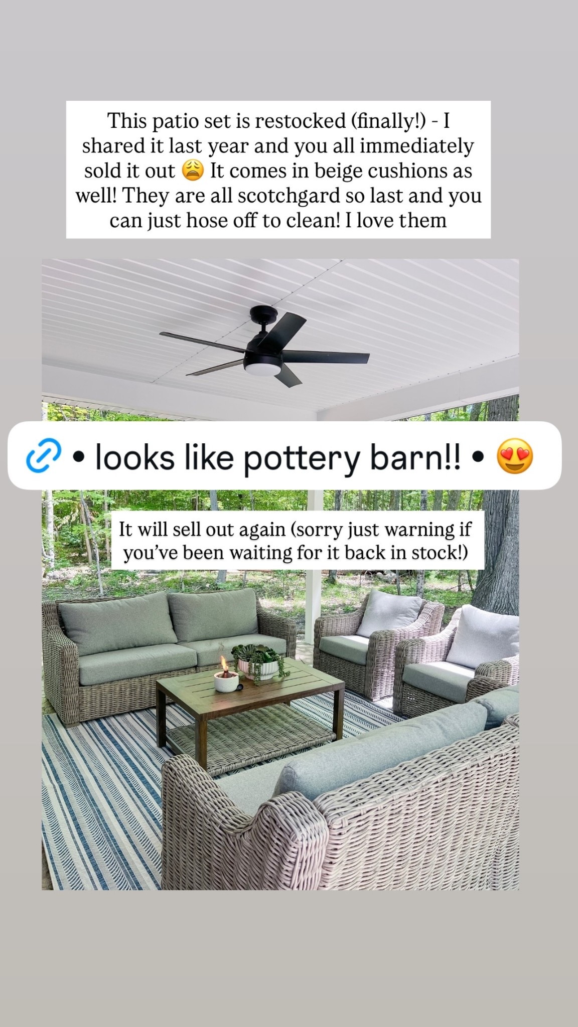 This patio set is restocked (finally!) - I shared it last year and you all immediately sold it out 😩 It comes in beige cushions as well! They are all scotchgard so last and you can just hose off to clean! I love them It will sell out again (sorry just warning if you’ve been waiting for it back in stock!)