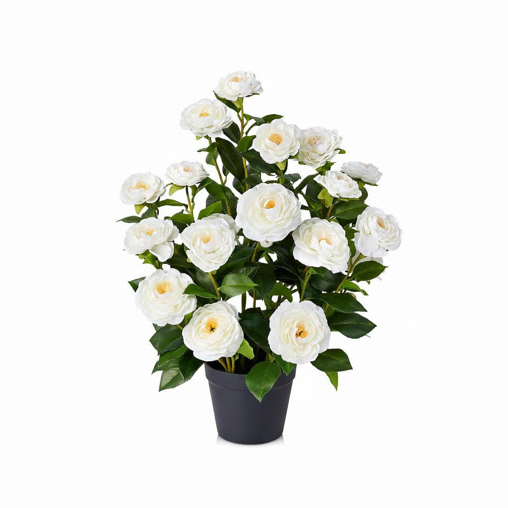 Primrue Artificial White Camellia Flower Tree, 24in Faux Camellia Plant in Pot, Fake Camellia Tre... | Wayfair North America