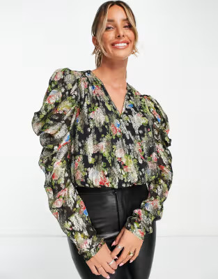 River Island draped metallic floral 80's blouse in black | ASOS (Global)