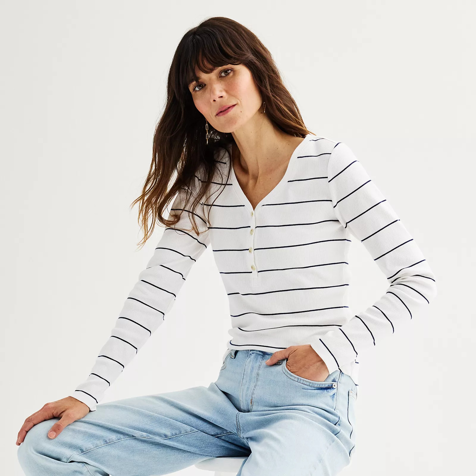 Women's Sonoma Goods For Life® Rib Long Sleeve Henley | Kohl's