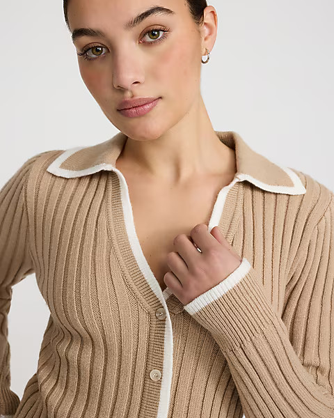 Fitted Contrast V-Neck Collar Ribbed Sweater | Express