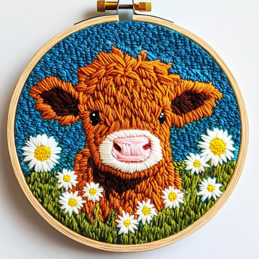 DIY Punch Needle Kits for Beginners Cute Cartoon Highland Cow with Daisy Flower with Hoop Embroid... | Amazon (US)