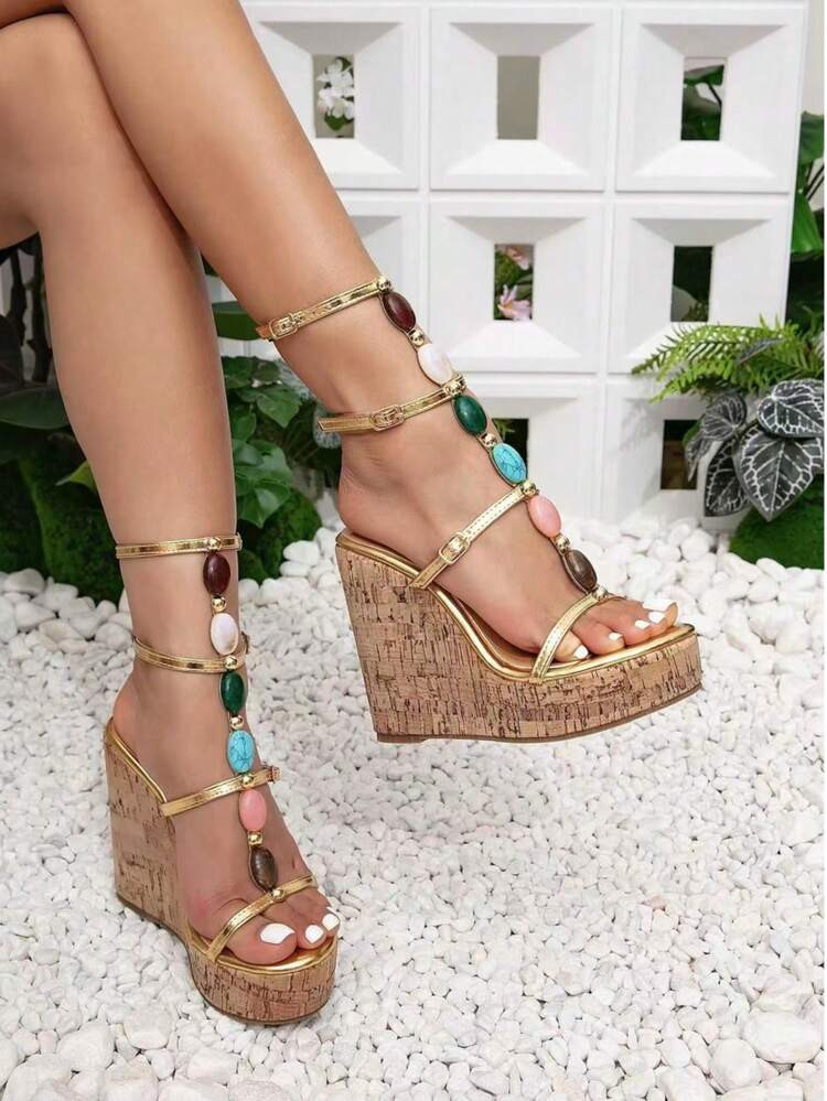 Women's Color Button Decorative Super High Wedge Thick Platform Wedge Sandals,Spring Summer Outfits | SHEIN
