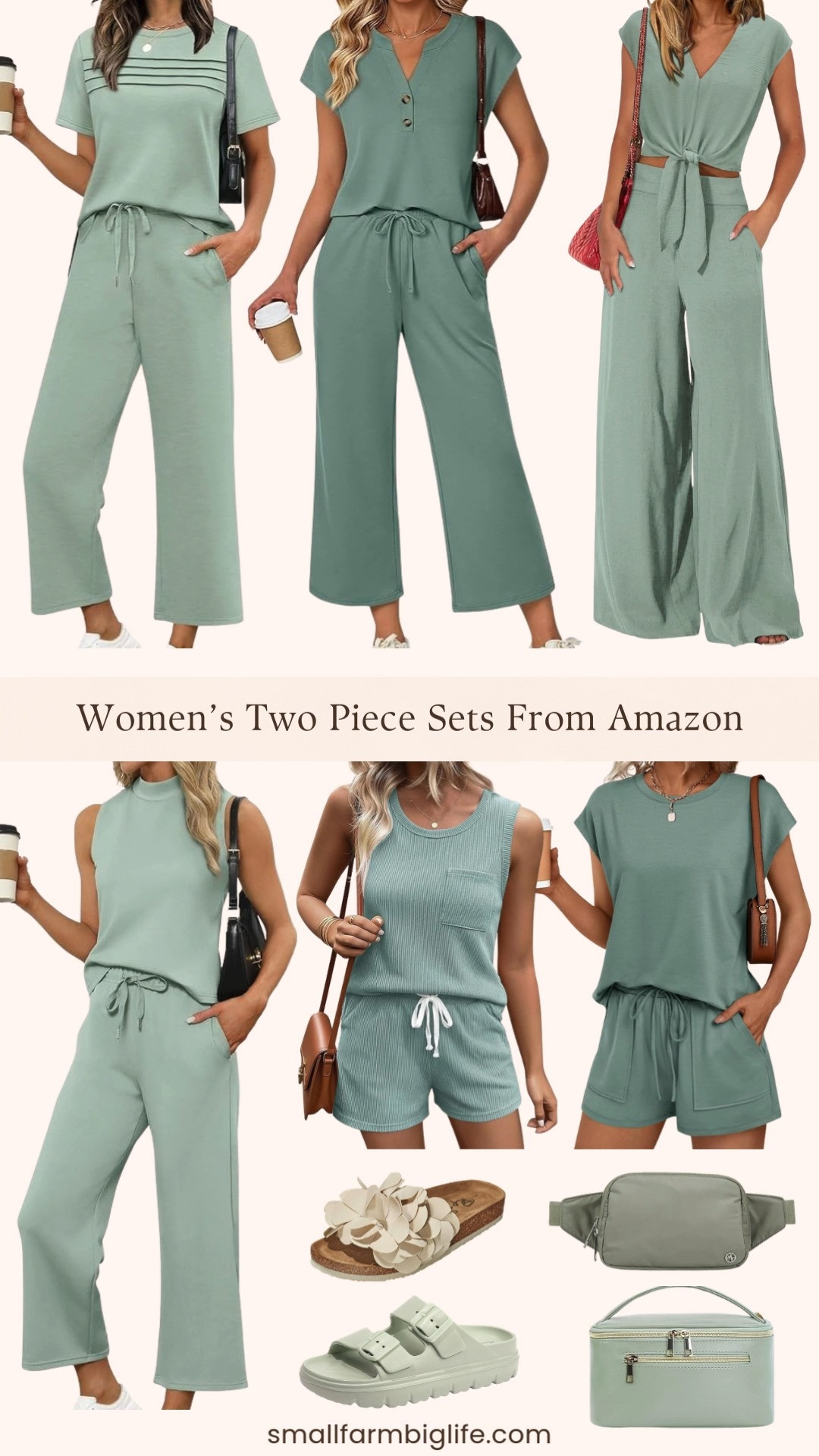 Sage green is having the best spring moment and Amazon is delivering hard on this color right now 🌿 I pulled together the cutest two piece sets in the most beautiful sage shades (lounge sets, wide leg sets, travel ready sets) plus the cutest accessories to match. The cream floral cork sandals are such a good find, the sage buckle slides are so easy and chic, the belt bag is perfect for hands free spring days, and the vegan leather makeup bag is giving elevated travel vibes. Everything is linked and ready to shop. This might be the easiest spring outfit formula ever. 🛒 

 #LTKgrwm #LTKootd #LTKOver40