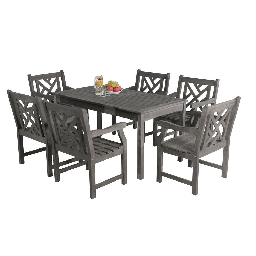 Renaissance Hand-Scraped Acacia 7-Piece Patio Dining Set with Herringbone-Back Armchairs | The Home Depot