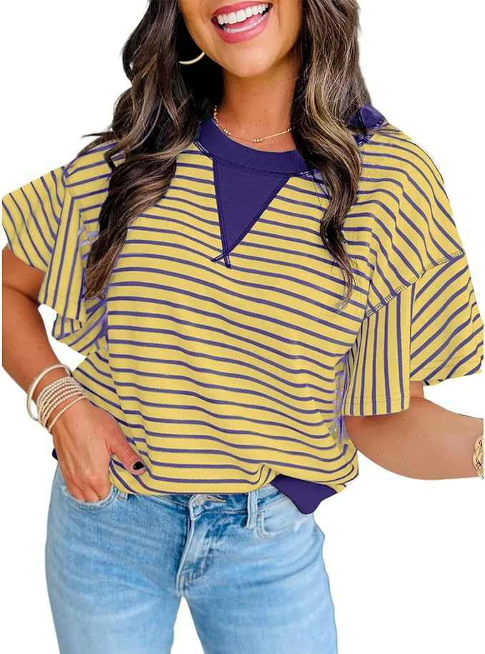 Women's Summer Striped Ruffle Short Sleeve Tops Contrast Colorblock 2025 Round Neck Loose Fit Cut... | Amazon (US)