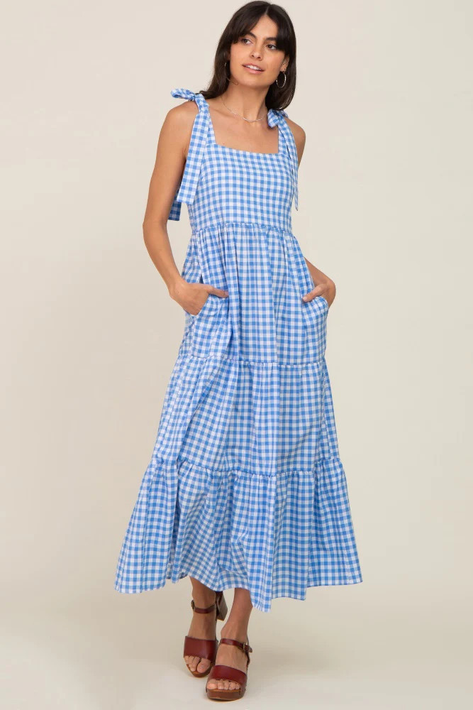 Blue Checkered Sleeveless Tiered Maxi Dress | PinkBlush Maternity