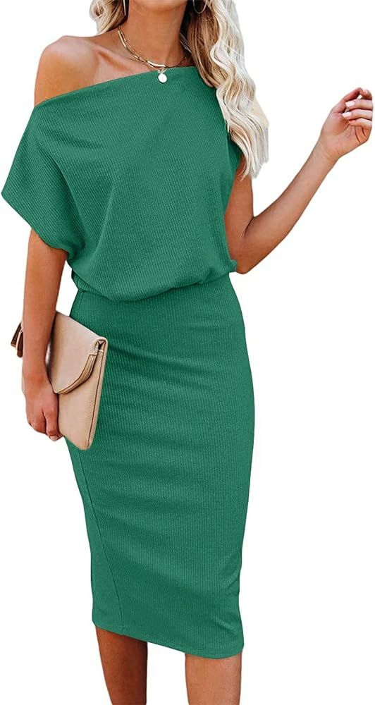 MEROKEETY Women's Off The Shoulder Short Sleeve Midi Dress Summer Ribbed Bodycon Dress for Party | Amazon (US)