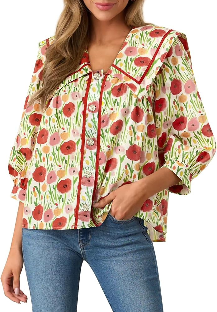 Women's 2025 Fashion Tops 100% Cotton Button Down Shirts V Neck 3/4 Length Sleeve Floral Peter Pa... | Amazon (US)