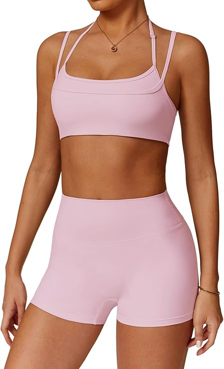 QBGJTD Two Piece Workout Sets For Women Sports Bra Matching High Waist Scrunch Butt Shorts Gym Yo... | Amazon (US)