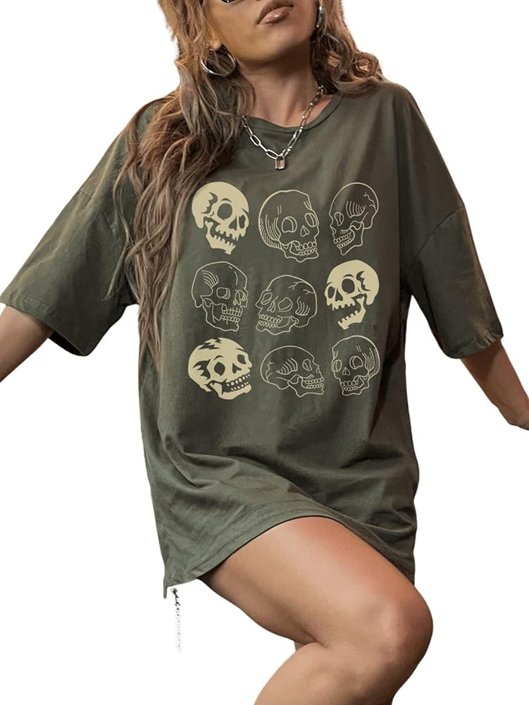 WDIRARA Women's Skull Print Half Sleeve Drop Shoulder Oversized Tee Casual T Shirts | Amazon (US)