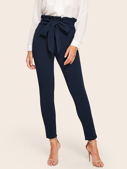 SHEIN Belted Paperbag Waist Skinny Pants | SHEIN