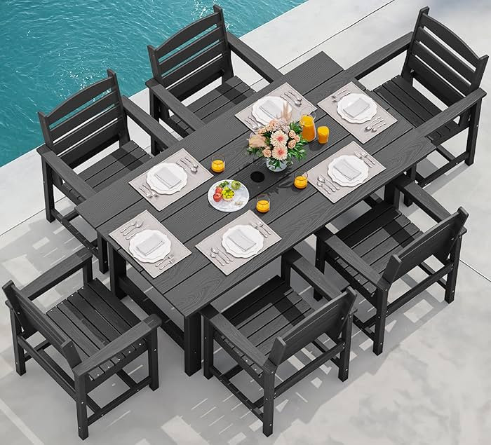SERWALL 7-Piece Patio Dining Table Sets, Outdoor HDPE Dining Furniture Set with Umbrella Hole Cut... | Amazon (US)