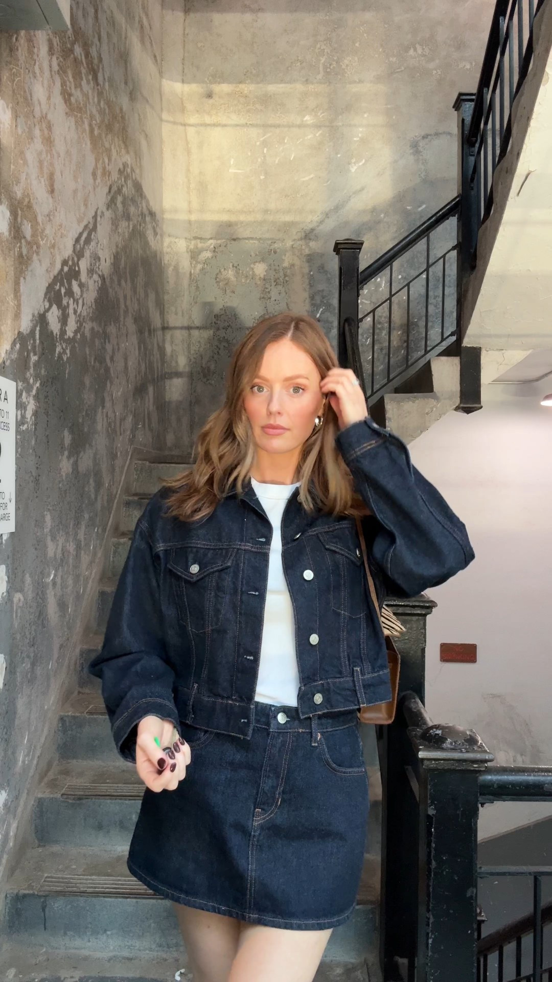 Love this reformation denim outfit! Wearing a size small in both. Also these boots are the most comfortable ever 