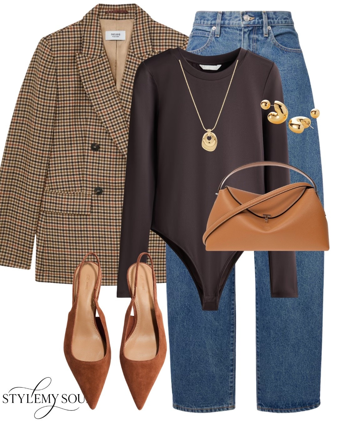 Blazer, autumn. Look, fall llook, jeans, brown bodysuit, camel shoes, necklace, gold earrings

#LTKautumn #LTKjeans #LTKworkwear