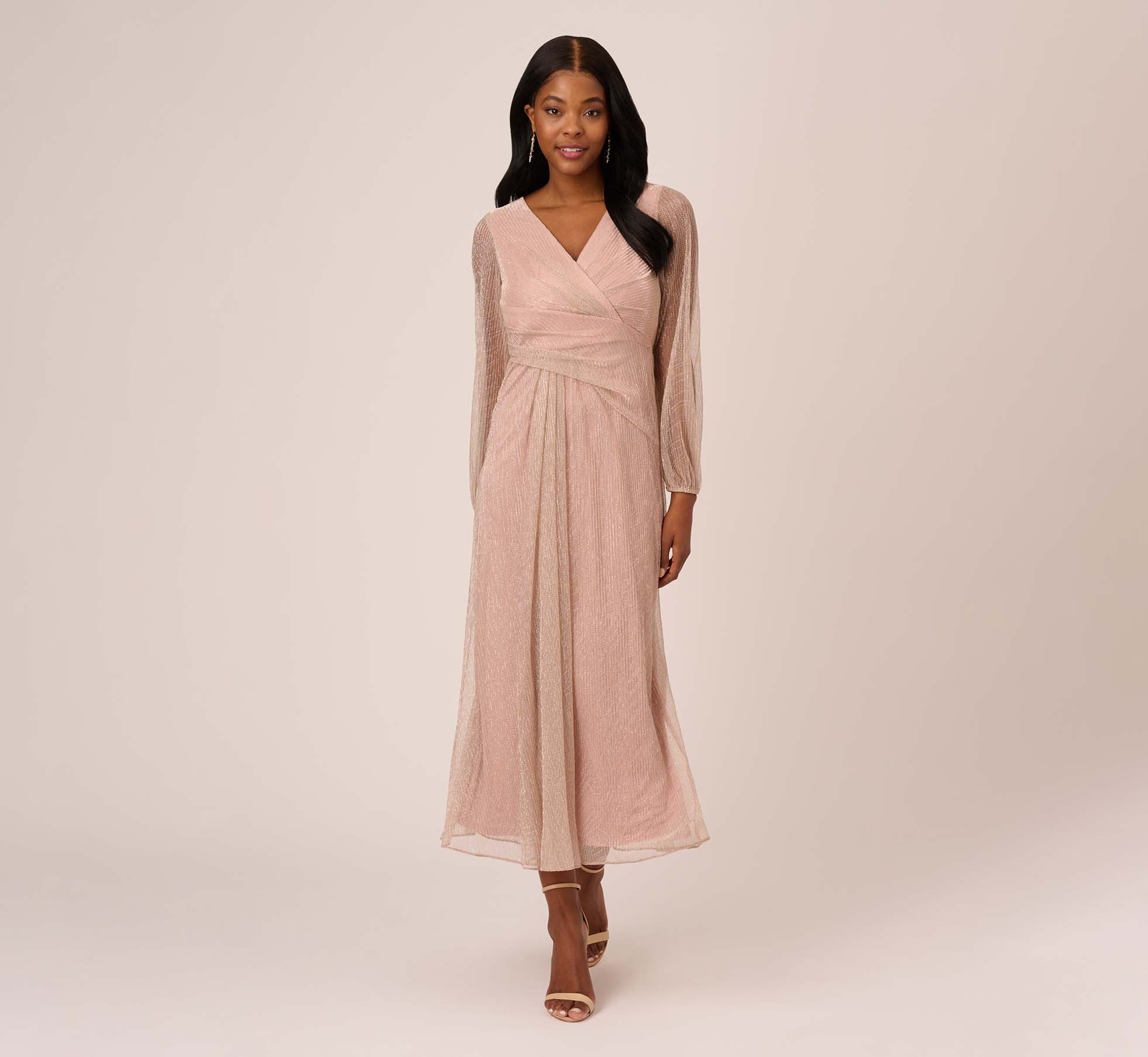 Metallic Mesh Draped Faux Wrap Midi-Length Dress In Rose Gold | Adrianna Papell