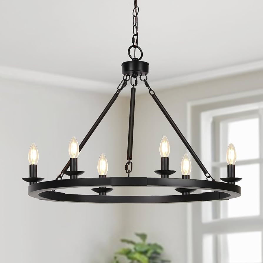 Black Farmhouse Chandelier, 6-Light Wagon Wheel Chandelier with Adjustable Height, Dining Room Li... | Amazon (US)