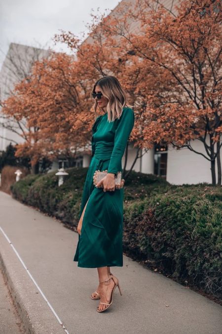 Holiday party ready in this gorgeous green satin dress. So feminine and festive. Wearing g size small, runs TTS. Cella Jane 

#LTKstyletip #LTKHoliday #LTKSeasonal